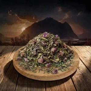 Tumoro green tea on the table with mountains and sunset in background