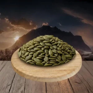 pumpkin seeds on the table with mountains and sunset in background