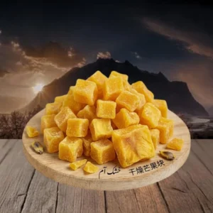 Chinese dried mangoes on the table with mountains and sunset in background